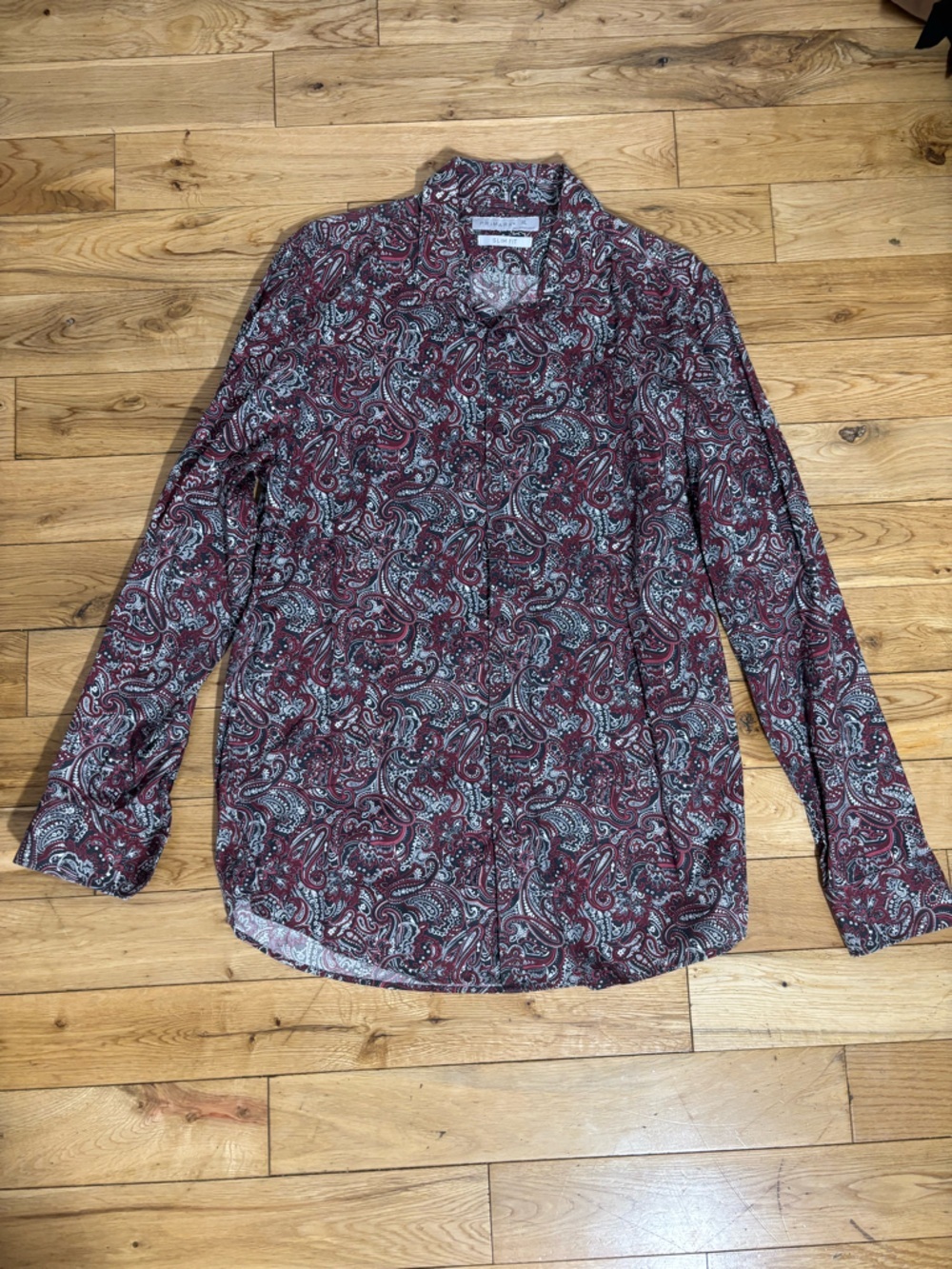 Primark Paisley Button Down Shirt Slim Fit XL Burgundy Black Long Sleeve
